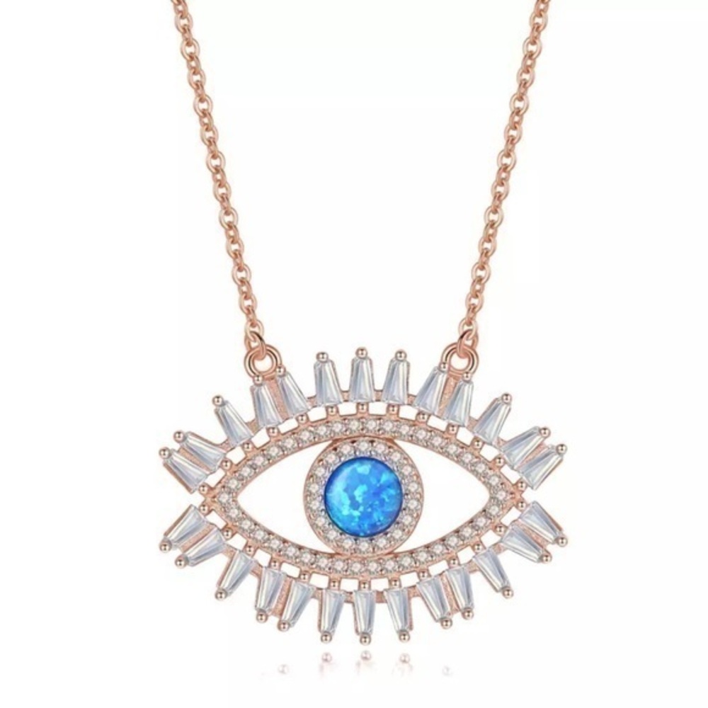 925 Sterling Silver Rose Gold Plated Crystal CZ Evil Eye Necklace